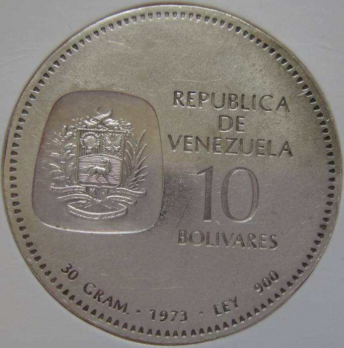 LaZooRo: Venezuela 10 Bolivares 1973 XF a - Srebro