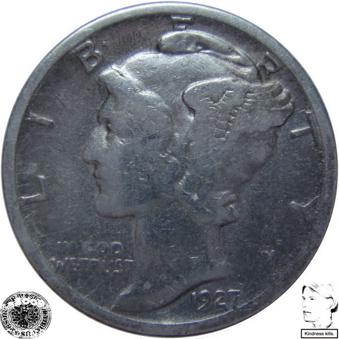 LaZooRo: Združene Države Amerike 10 Cents Dime 1927 D VF - Srebro
