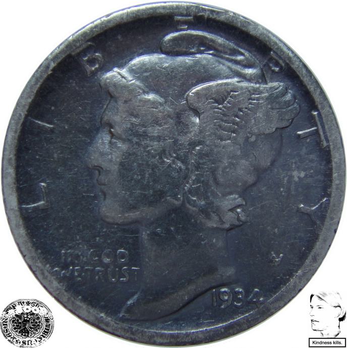 LaZooRo: Združene Države Amerike 10 Cents Dime 1934 D VF/XF - Srebro