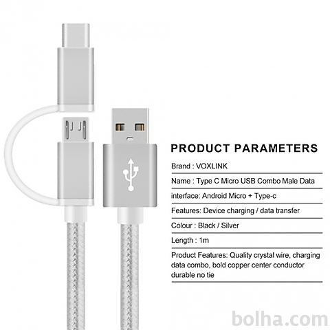 Micro USB in USB-C kabel, 100 cm, DVA V ENEM,...