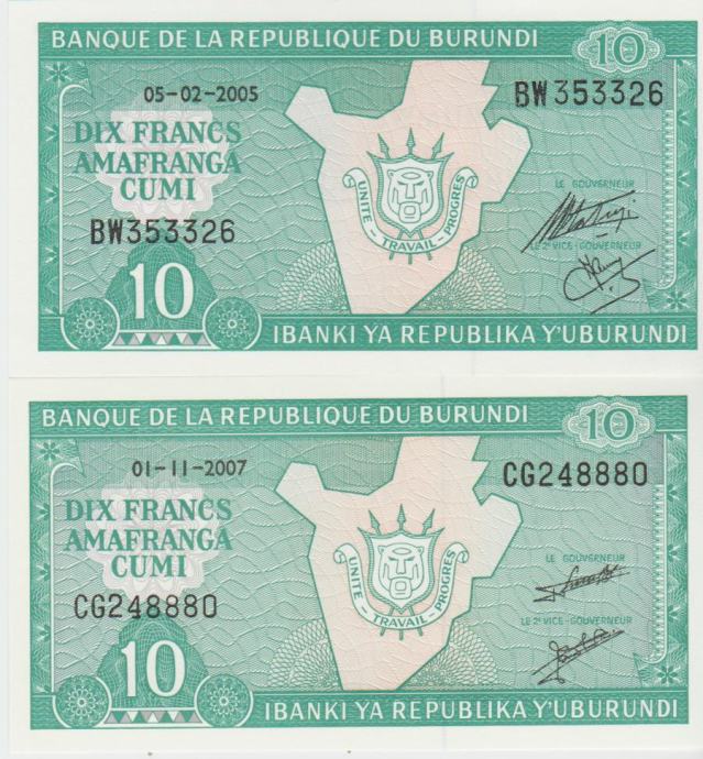 BANKOVEC 10-2005,2007 FRANCS P33e.1,P33e.2 (BURUNDI) UNC