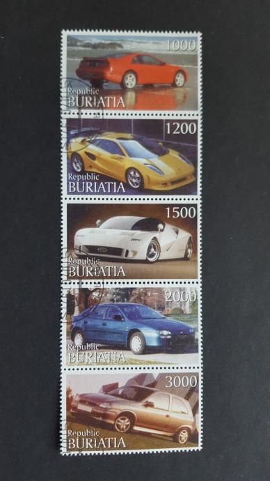 avtomobili - Buriatia - serija 5 znamk, žigosane (Rafl01)