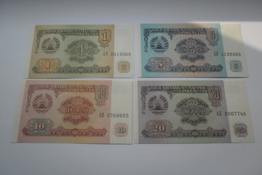 BANKOVCI TAJIKISTAN 1,5,10 IN 20 RUBL 1994 4 KOS UNC
