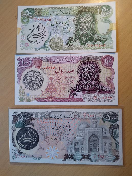 BANKOVEC IRAN 50,100 IN 500 RIALS 1974-1979 LOT 3X