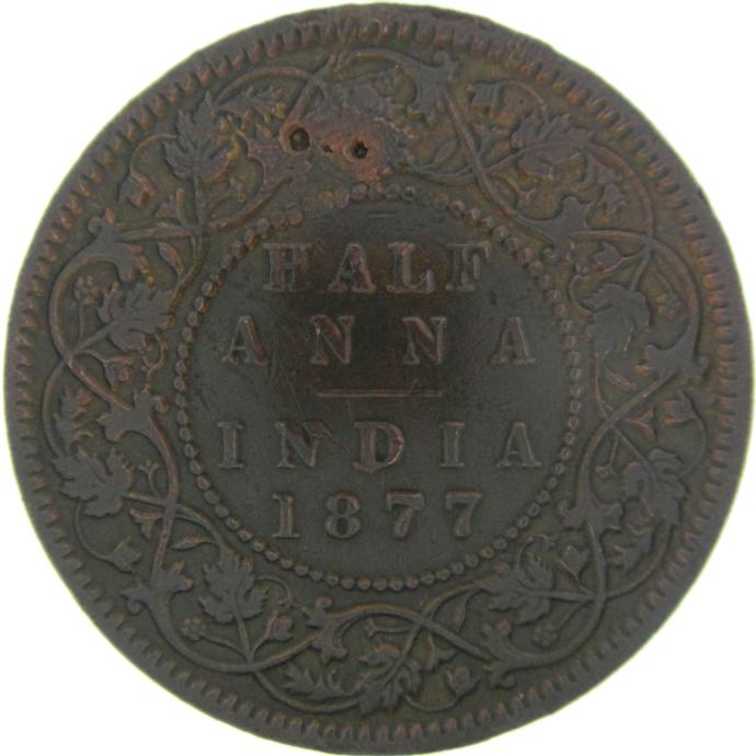 LaZooRo: Britanska Indija 1/2 Anna 1877 VF / XF manipuliran