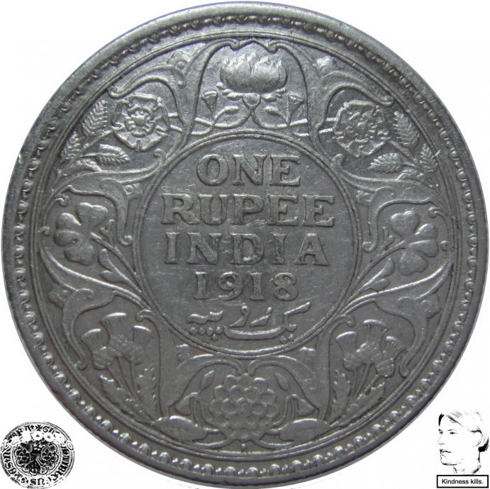 LaZooRo: Britanska Indija 1 Rupee 1918 XF/UNC - Srebro