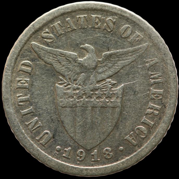 LaZooRo: Filipini 10 Centavos 1918 VF - srebro