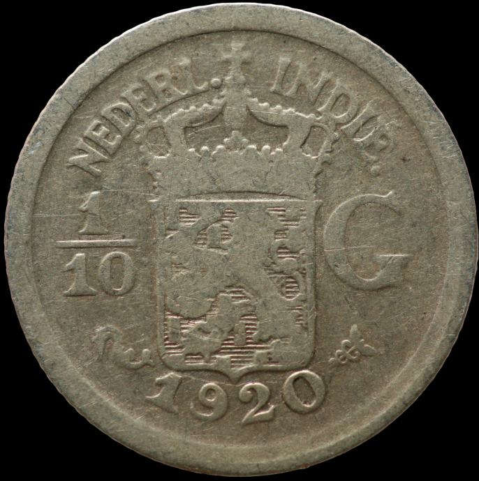 LaZooRo: Nizozemska Vzhodna Indija 1/10 Gulden 1920 VF - srebro