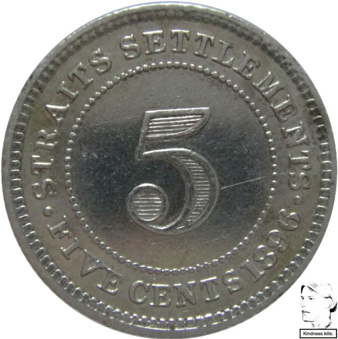 LaZooRo: Straits Settlements 5 Cents 1896 XF- Srebro