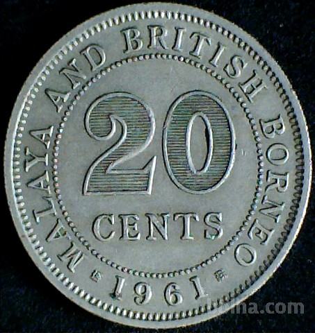 LaZooRo: Malaja in Borneo 20 Cents 1961 XF