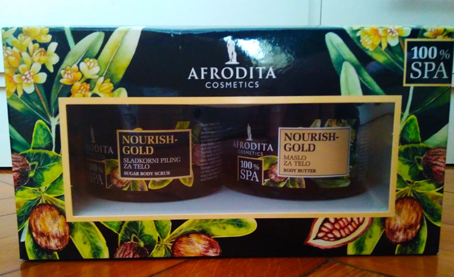 Afrodita Nourish Gold paket sladkorni piling in maslo za telo