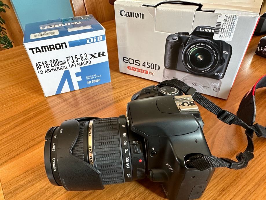 Canon DSLR EOS 450D kamera + objektiv TAMRON AF 18-200mm