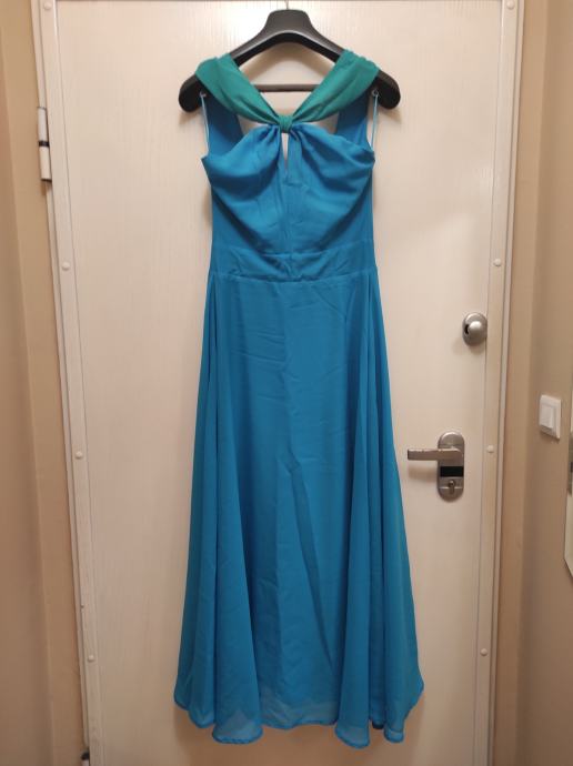 Elegantna modro-zelena dolga obleka