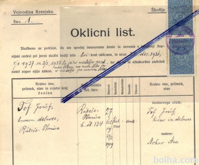 DOKUMENT - KRANJSKA GORA - JOŽEF LAVTIŽAR, 1937