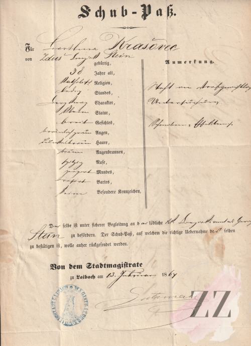 Odgonski potni list Ljubljana (Laibach) - Kamnik (Stein) 1867