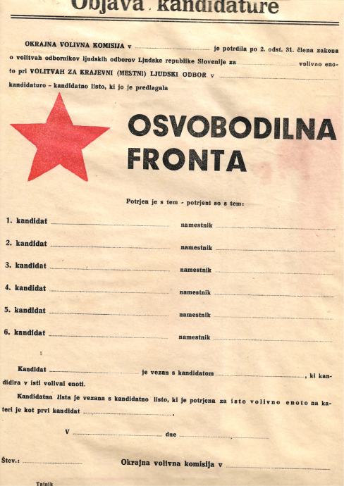 OF, OSVOBODILNA FRONTA, ZASTAVICA, VOLITVE, 1949