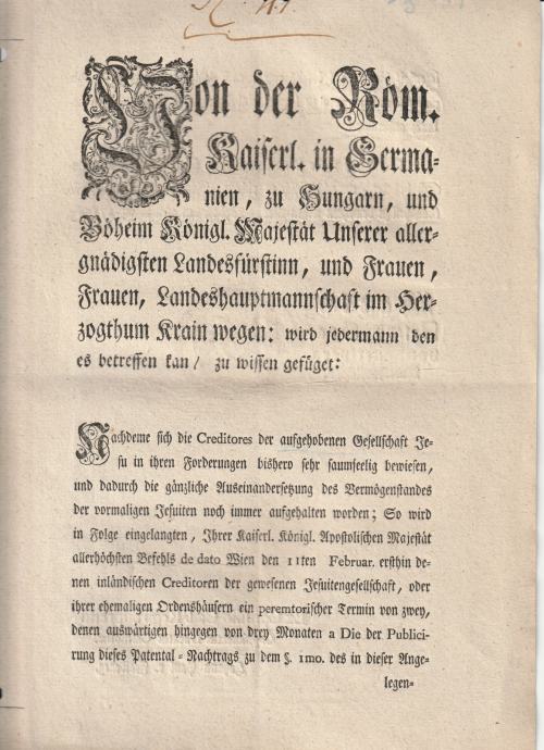 Patent - Marija Terezija - Jezuiti - 1775 Ljubljana - Laibach