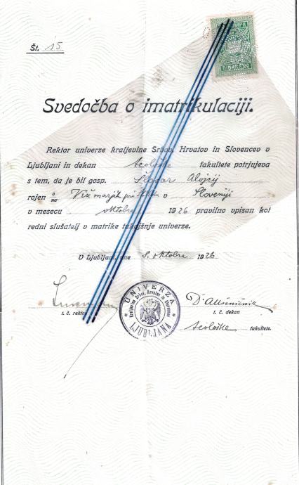 POTRDILO O VPISU NA UNIVERZO - ALEŠ UŠENIČNIK, 1926