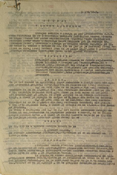 Sodba v imenu ljudstva, Jugoslavija, komunizem, Kranj, 1952