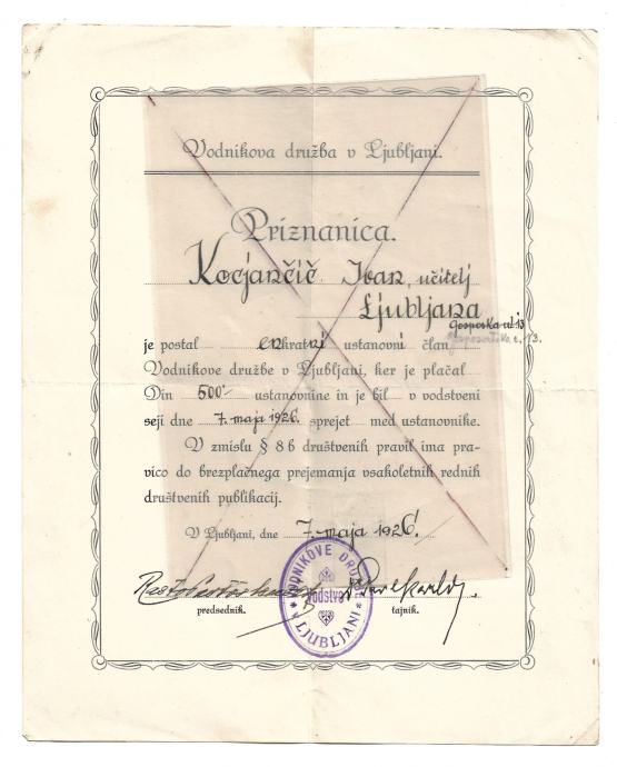 VODNIKOVA DRUŽBA - USTANOVNI ČLAN - PRIZNANICA, 1926