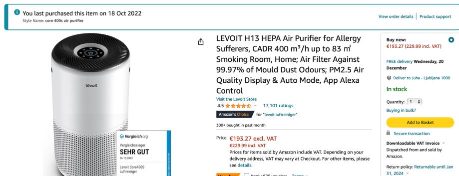 Filter oz. čistilec zraka za alergike, LEVOIT H13 HEPA Air