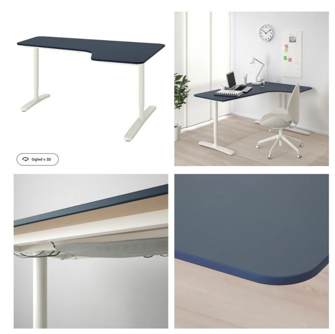 Kotna pisalna miza IKEA Bekant linolej modra/bela