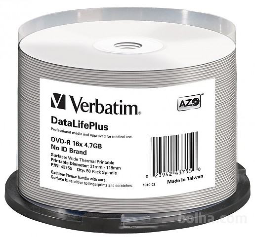 Verbatim DVD-R 16x 4.7 GB PRO White Thermal Printable 50 kom
