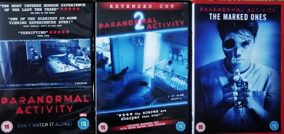 Paranormalno 1, 2, Zaznamovani (Paranormal Activity, 3 DVD filmi)