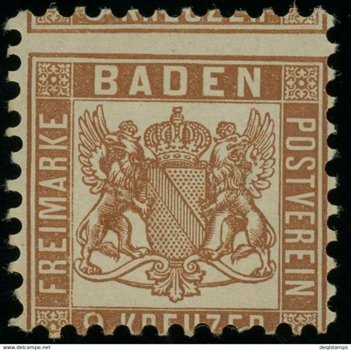 Baden 1862/66 ☀ 9 Kr - zobč 10 z napako - MiNr. 20 ☀ brez falca(**)