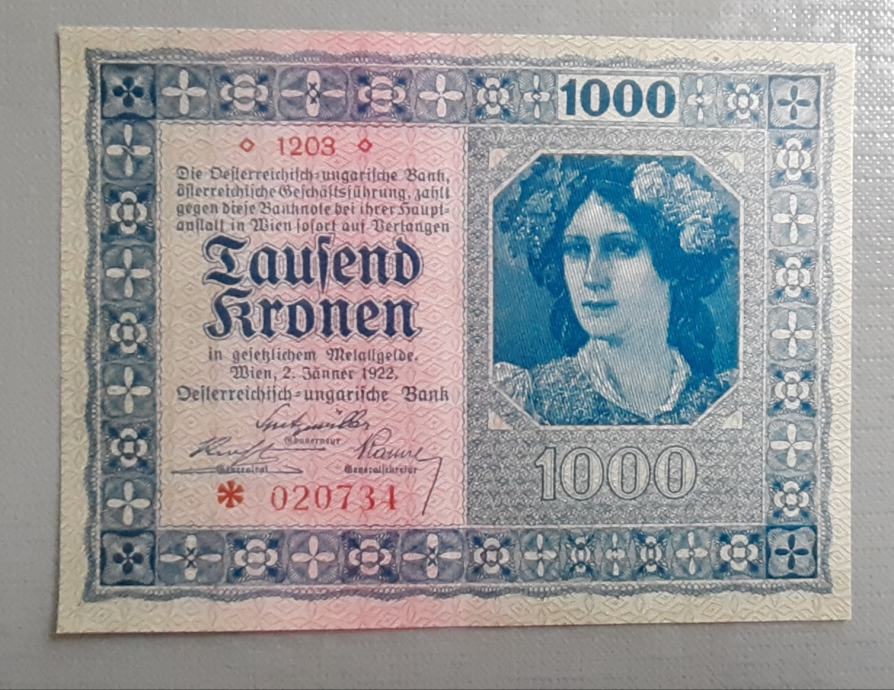 AVSTRIJA 1000 kronen 1922 aUNC