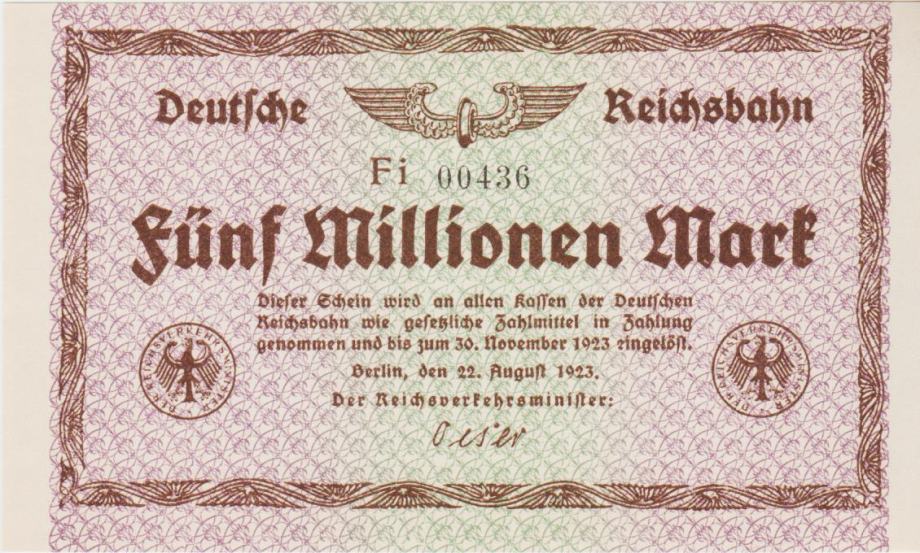 BANK.5000000 MARK P-S1013d-NEM.ŽELEZNICE (NEM.REICH NEMČIJA)1923.UNC