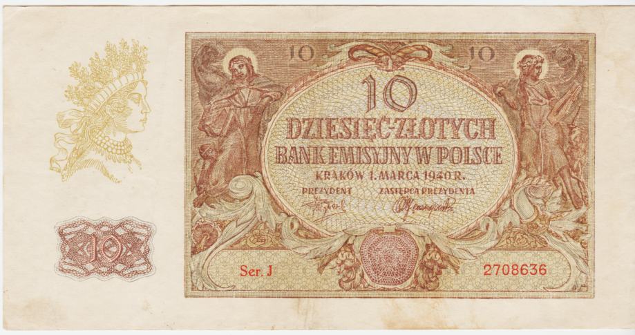 BANKOVEC 10 ZLOTYCH P94a (POLJSKA, NEM.NACISTIČNA OKUPACIJA) 1940.XF