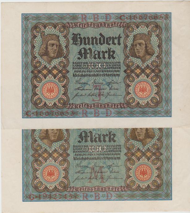 BANKOVEC 100 MARK P69b"8 št." (NEMŠKI REICH NEMČIJA)1920.aUNC