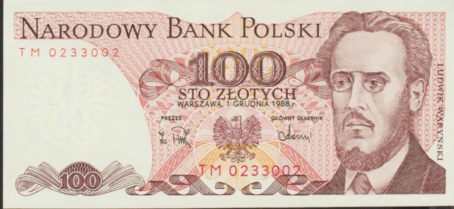 BANKOVEC 100 ZLOTYCH P143e.2 (POLJSKA) 1988.UNC