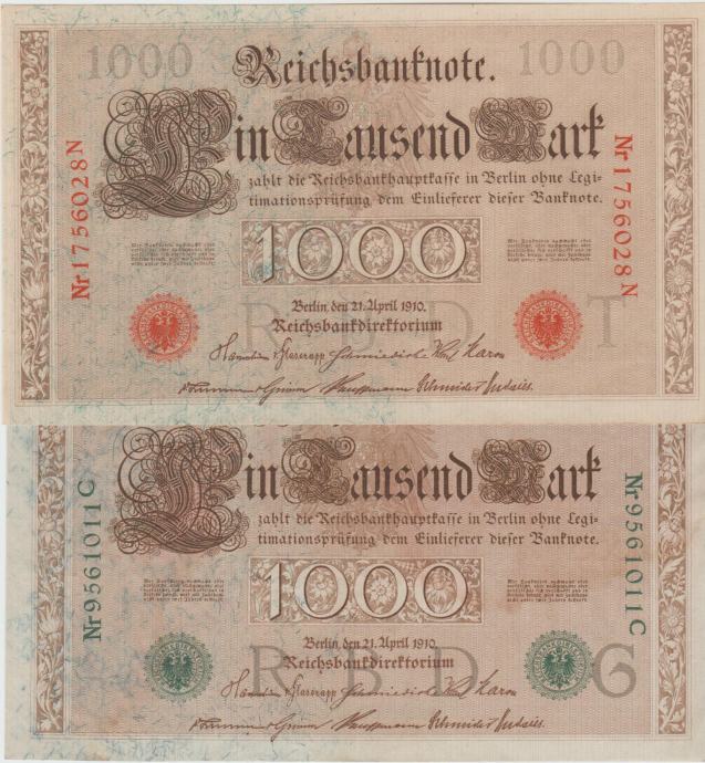BANKOVEC 1000 MARK RDEČ-P44b/4,ZELEN P45a (REICH NEMČIJA)1910.aUNC/UNC
