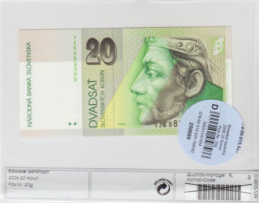 BANKOVEC 20 KORUN P20g "v zaščit.plaščku"(SLOVAŠKA) 2006.UNC