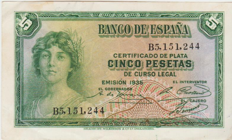 BANKOVEC 5 PESETAS (ŠPANIJA) 1935.XF+