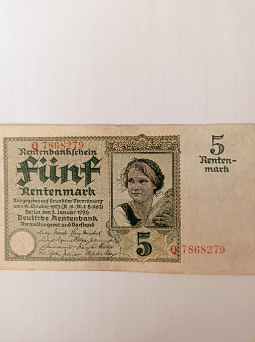 Bankovec 5 rentenmark 1926
