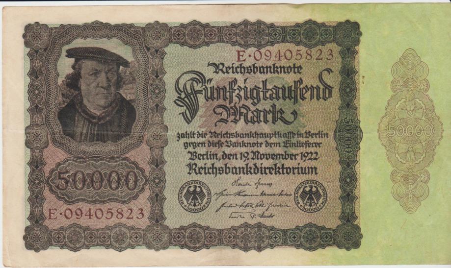 BANKOVEC 50000 MARK P80a ser. E (NEMŠKI REICH NEMČIJA).1922.XF