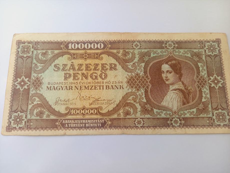 Bankovec Madžarska 100 000 pengo 1945