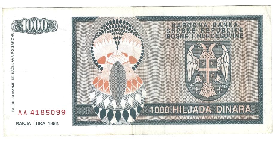 BIH P137a BANJA LUKA 1000 DINARA 1992
