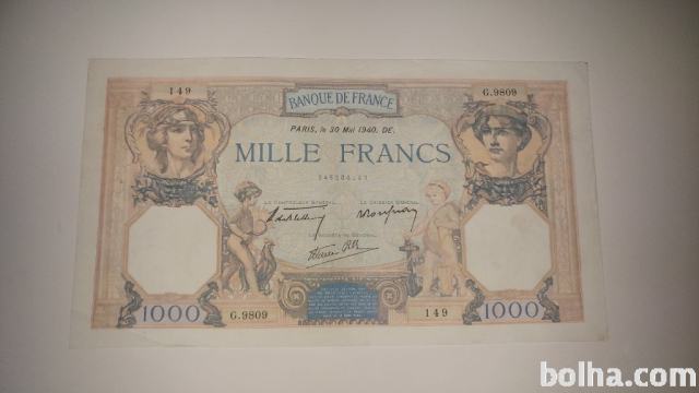 FRANCIJA, 1000 frankov 1940, ogromen bankovec - XF