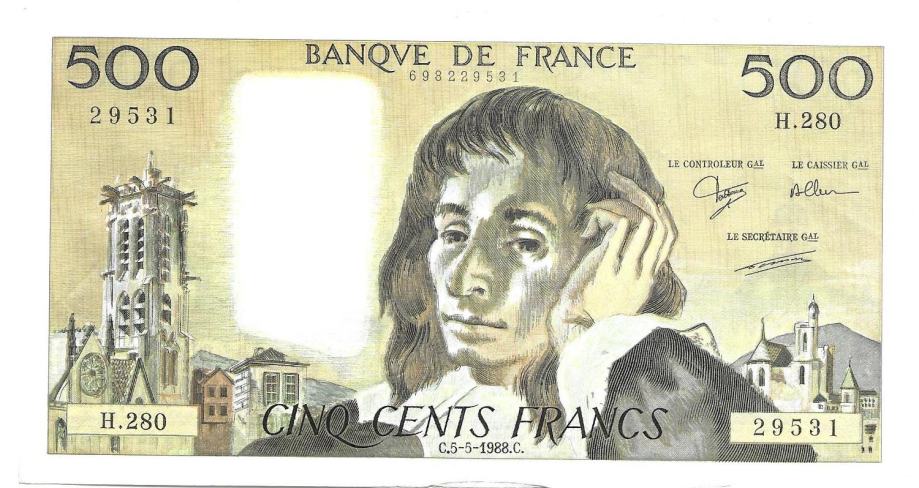 FRANCIJA 500 frankov 5.5.1988 "Pascal" , iz obtoka (VF)