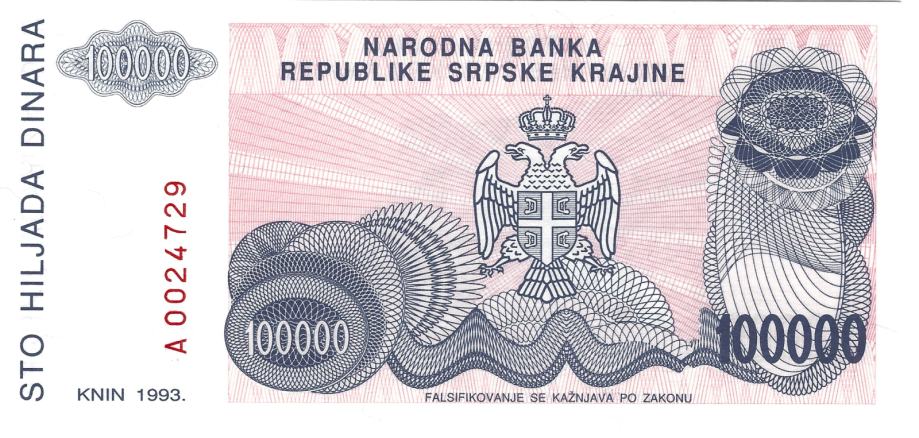 HRVAŠKA KNIN P-R22a 100000 DINARA 1993 UNC