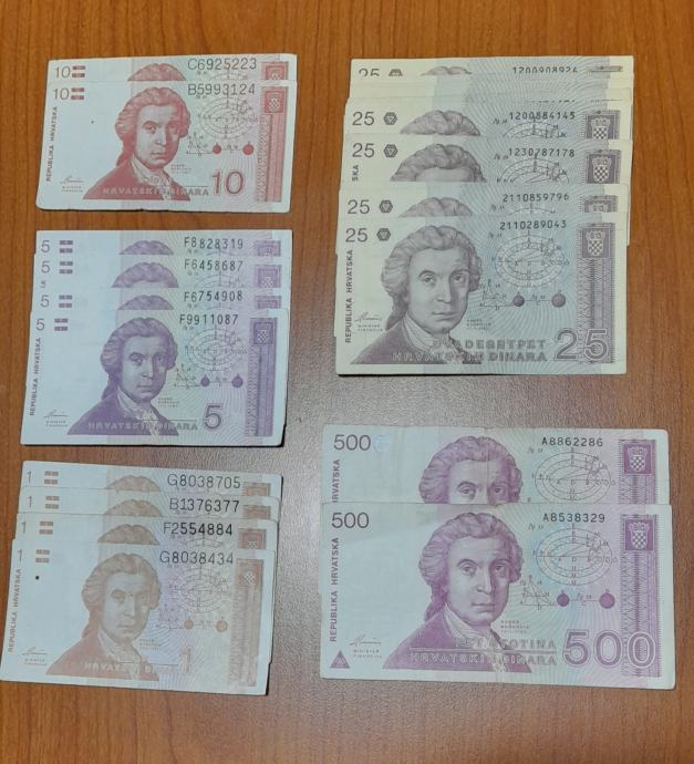 Bankovec Hrvatski dinar 1, 5, 10, 25, 500 - 1991