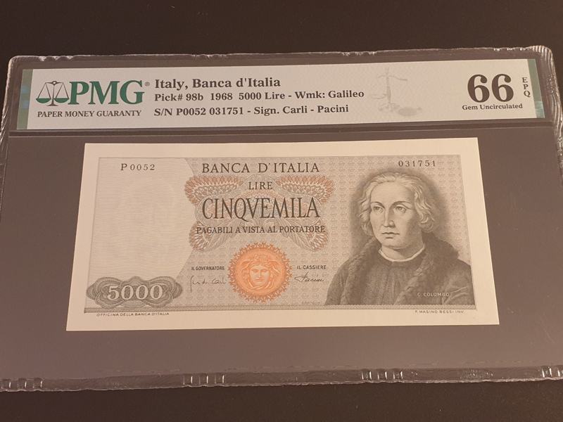 Italija 1968 5000 Lir (P-98b) PMG66 GEM UNC
