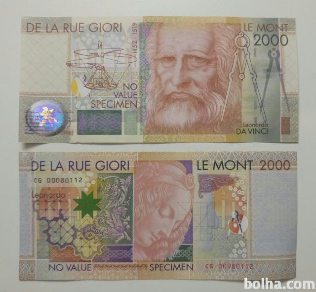 Leonardo Da Vinci, testni bankovec De La Rue - Specimen