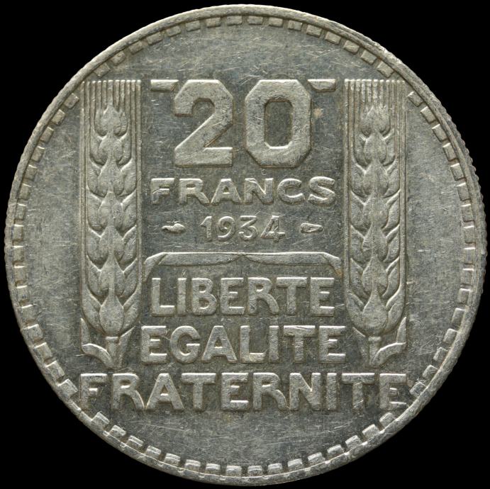 LaZooRo: Francija 20 Francs 1934 XF/UNC - Srebro