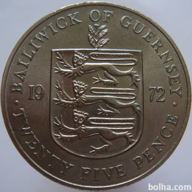 Guernsey 25 Pence 1972 UNC redkejši