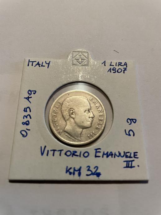Italija 1 Lira 1907  srebrnik